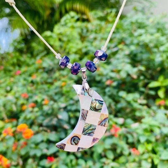 Abalone Moon Pendant Handmade leather Necklace - Picture 3 of 9